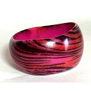 Vtg 80s Dark Pink Asymmetric Zebra Tiger Stripe Lucite Bangle Bracelet Glitter